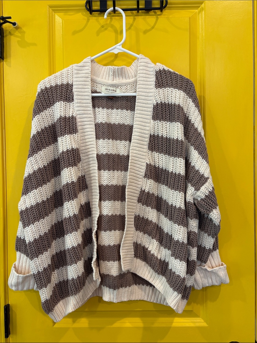 Sonoma Cream and Taupe Wide-Strip Open-Front Cardigan